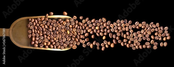 Fototapeta a spoon of fried coffee beans background, top view