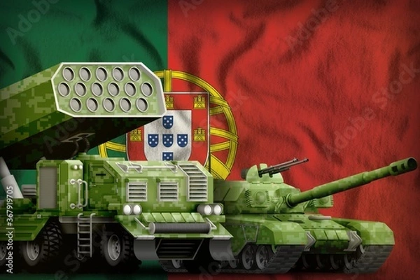 Fototapeta Portugal heavy military armored vehicles concept on the national flag background. 3d Illustration