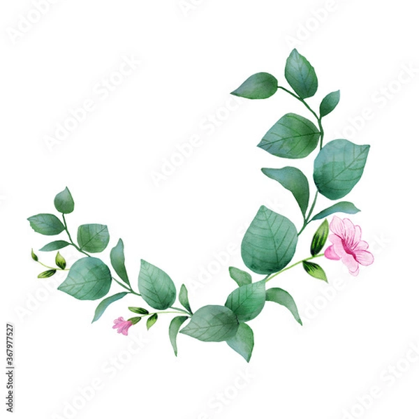 Fototapeta Watercolor hand painted bouquet with green eucalyptus leaves and pink flowers. Spring or summer flowers for invitation, greeting card.