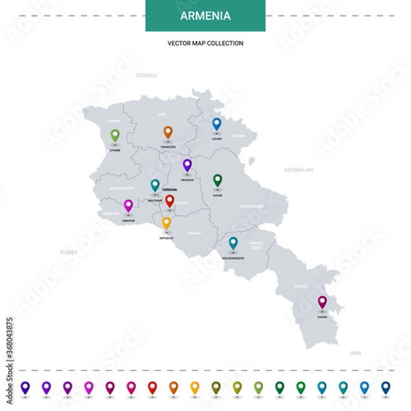 Fototapeta Armenia map with location pointer marks. Infographic vector template, isolated on white background.