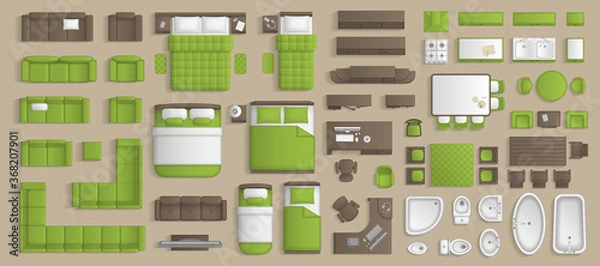 Fototapeta Icons set of interior. Furniture top view. Elements for the floor plan. (view from above). Furniture and elements for living room, bedroom, kitchen, bathroom, office.