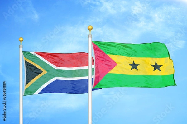 Fototapeta South Africa and Sao Tome and Principe two flags on flagpoles and blue sky