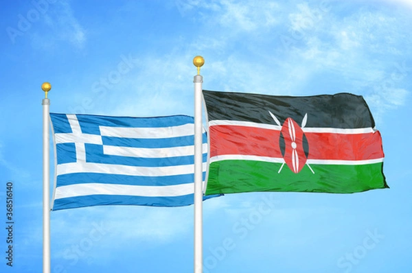 Fototapeta Greece and Kenya two flags on flagpoles and blue sky