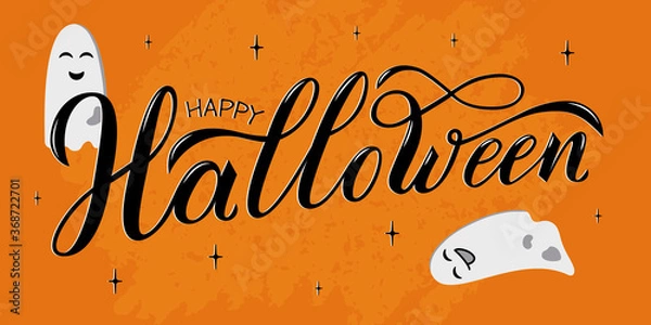 Fototapeta Happy Halloween hand written text. Vector illustration with funny ghosts on orange background. Script brushpen lettering with flourishes. Handwriting for banner, poster, greeting card or invitation