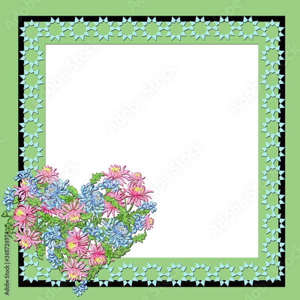 Fototapeta Creative composition with a close-up image of a decorative frame. The frame consists of flowers, bouquets, petals, and geometric shapes. Abstraction. Illustration for printing on paper and fabric.