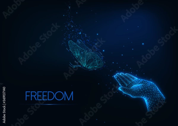 Fototapeta Futuristic freedom, tranquility, spirituality concept with glowing low poly hand and flying butterfly