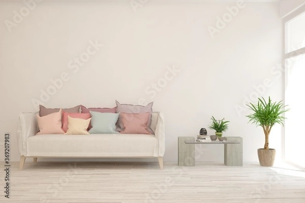 Fototapeta White living room with sofa. Scandinavian interior design. 3D illustration