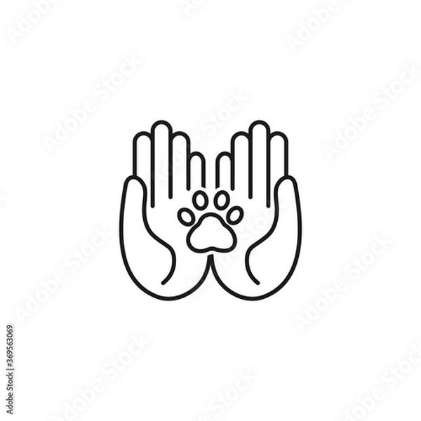 Fototapeta Animal paw and human hands. Animal protection. Vector icon isolated on white background.