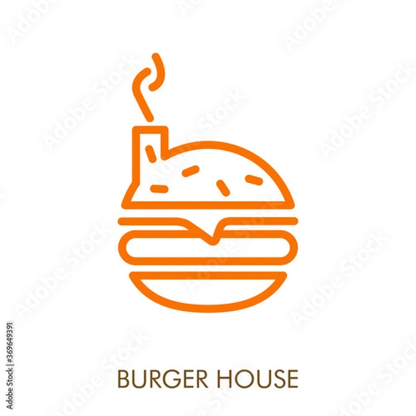 Fototapeta Concepto restaurante de comida rápida. Logo lineal texto Burger House con hamburguesa con chimenea en color naranja