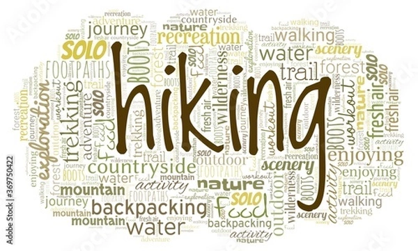 Fototapeta Hiking activity word cloud isolated on a white background.