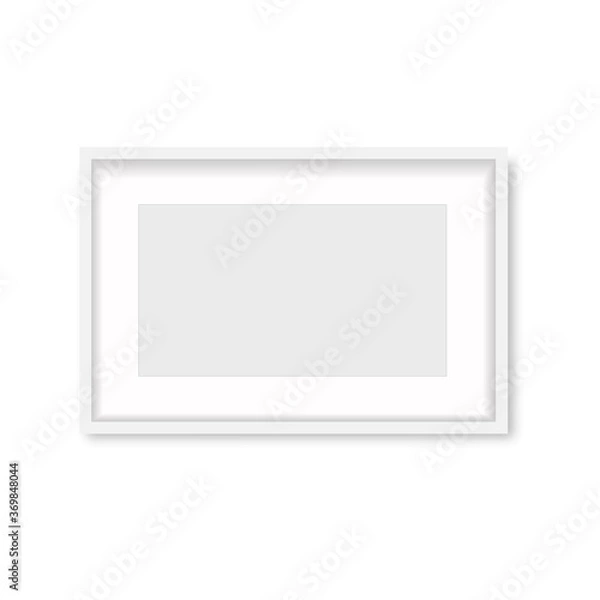 Fototapeta Realistic white wooden photo frame with soft shadow. Vector.