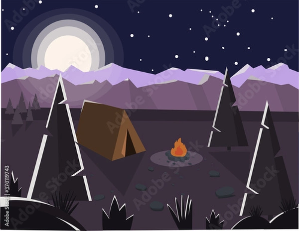 Obraz Vector illustration of camping at night with a beautiful view of the mountains. Family camping in the evening. Tent, fire, forest and rocky mountains in the background, night sky with clouds..