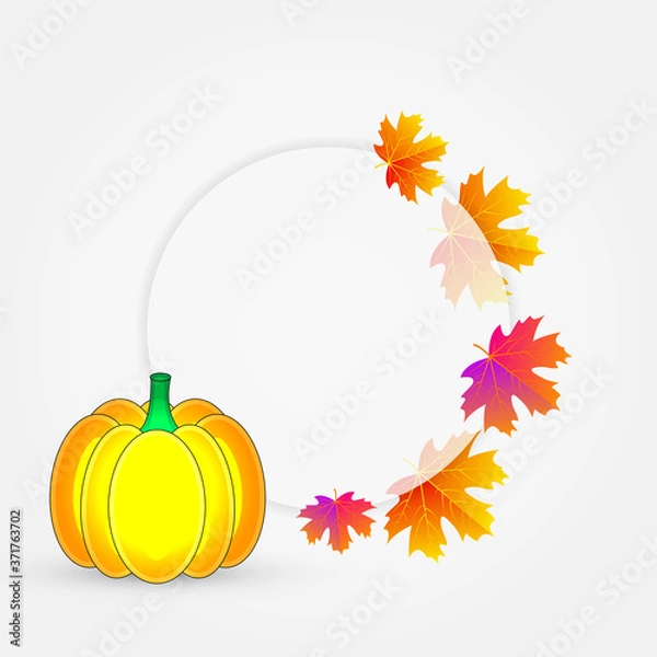 Fototapeta Circular thanksgiving day banner with pumpkin and autumn leaves, vector art illustration.