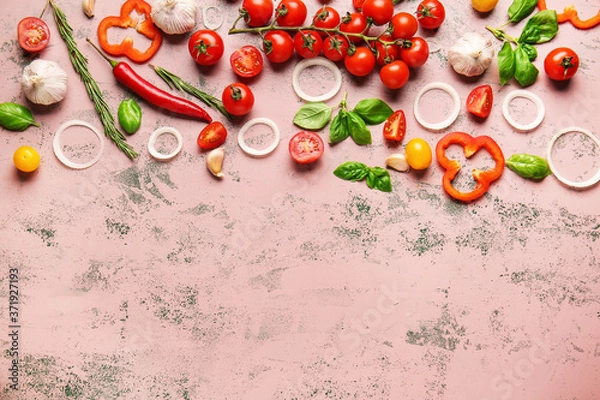 Fototapeta Composition with fresh cherry tomatoes, herbs and spices on color background