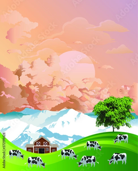 Obraz Picturesque rural scene with a herd of cows grazing on summer mountainous lowland pastures set against a dawn or dusk sky