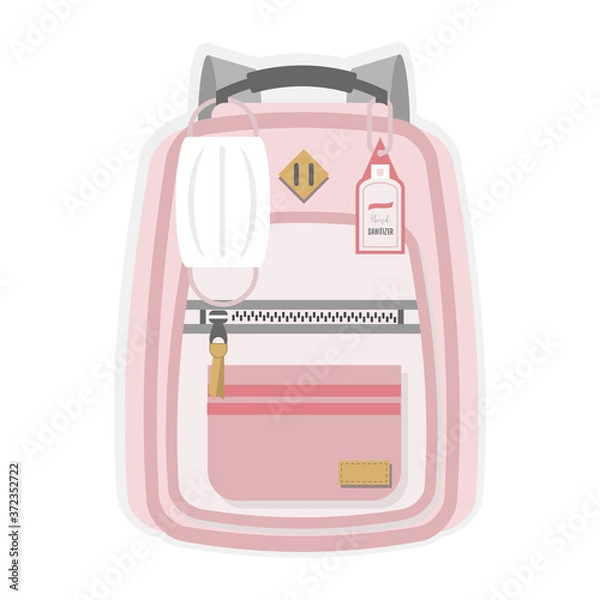 Fototapeta Pink kids new normal back to school backpack with hanging medical face mask, hand sanitizer, pocket and zipper flat design on white background