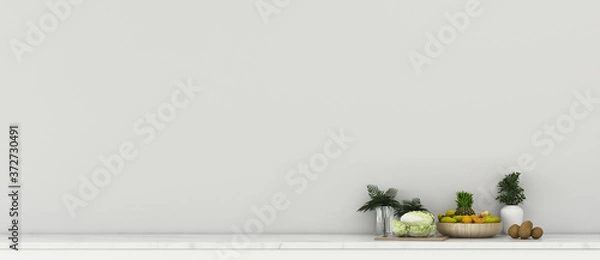 Fototapeta Kitchen space in house.White room with counter bar . scandinavian  interior design. -3d rendering