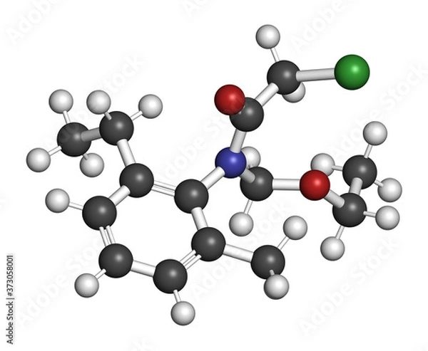 Fototapeta Acetochlor herbicide molecule. 3D rendering. Atoms are represented as spheres with conventional color coding: hydrogen (white), carbon (grey), nitrogen (blue), oxygen (red), chlorine (green).