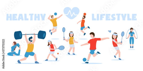 Fototapeta Vector concept of sports and healthy lifestyle. Gymnastics, fitness, football, basketball, volleyball, tennis, badminton, bodybuilding. People in sports uniforms are engaged in different sports.