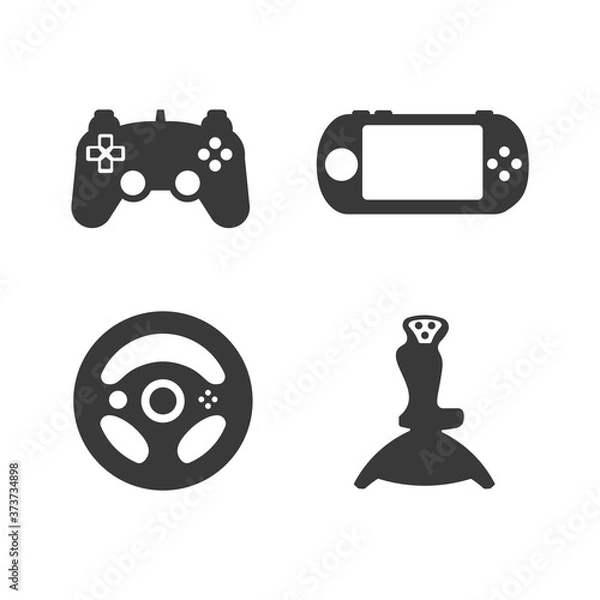 Fototapeta Collection of game consoles wireless gamepad joystick and steering wheel isolated set illustration.