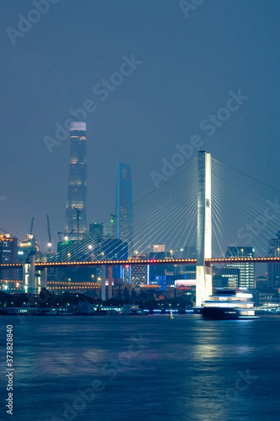 Fototapeta Night view of Nanpu bridge, in Shanghai, China.