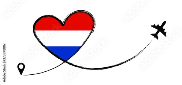 Fototapeta Flag the netherlands Holland Dutch. Love Romantic travel airplane line path of air plane flight route with start point icon Air plane flying Vector fly pin location pointer route, trace and track sign