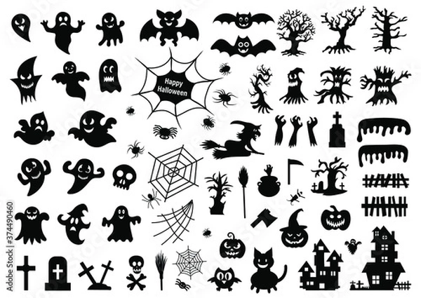 Fototapeta Set of silhouettes of Halloween on a white background. Vector illustration	