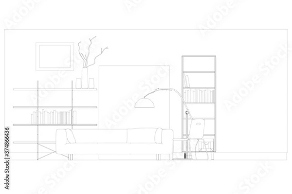 Obraz The outline of the interior of the living room. Front view. Vector illustration