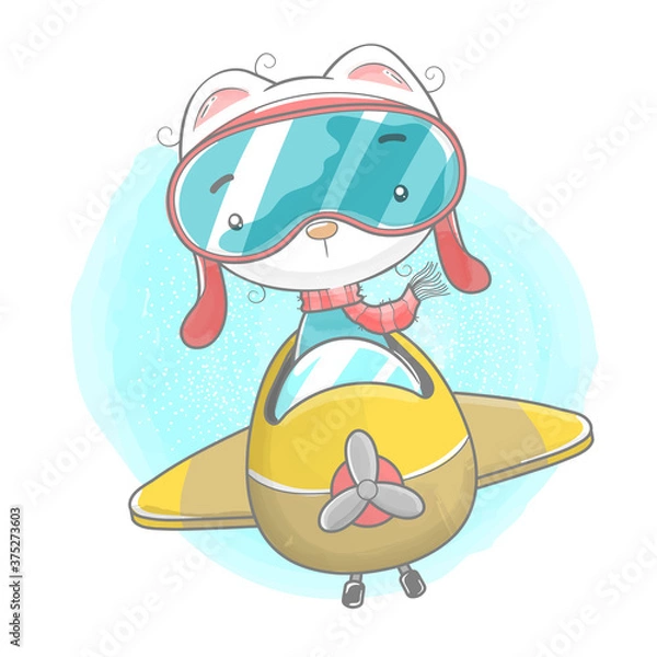 Fototapeta cute kitten riding airplane in watercolor