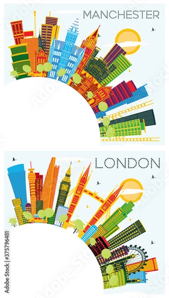 Fototapeta Londyn Anglia i Manchester City Skylines zestaw z kolorowymi budynkami, błękitnym niebem i przestrzenią do kopiowania.