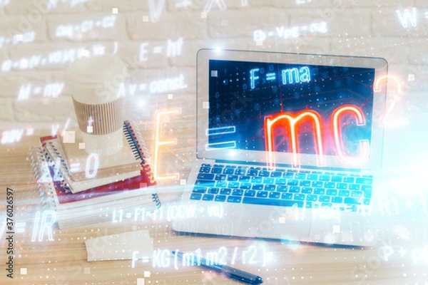 Fototapeta Desktop computer background and formula hologram writing. Double exposure. Education concept.