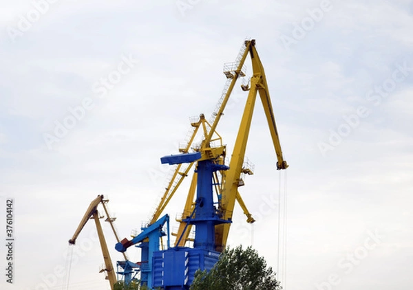 Fototapeta Construction. Cranes of the same color against the sky.