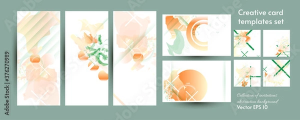 Obraz Elegant natural pastel muted pale calm tones card templates set. Collection of romantic invitations with gold abstraction background line color