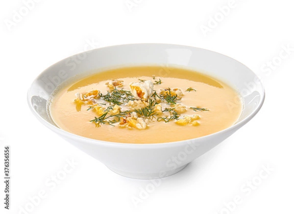 Fototapeta Bowl with tasty popcorn soup on white background