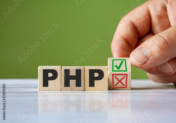 Fototapeta The hand turn wooden block with red reject X and green confirm tick as change concept of PHP language. Word PHP conceptual symbol