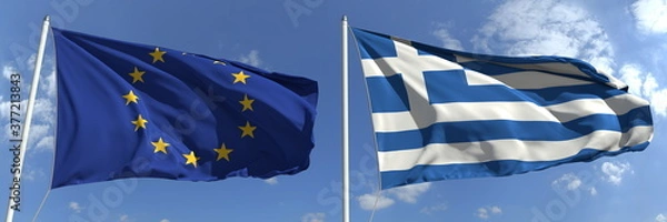 Fototapeta National flags of the European Union and Greece, 3d rendering