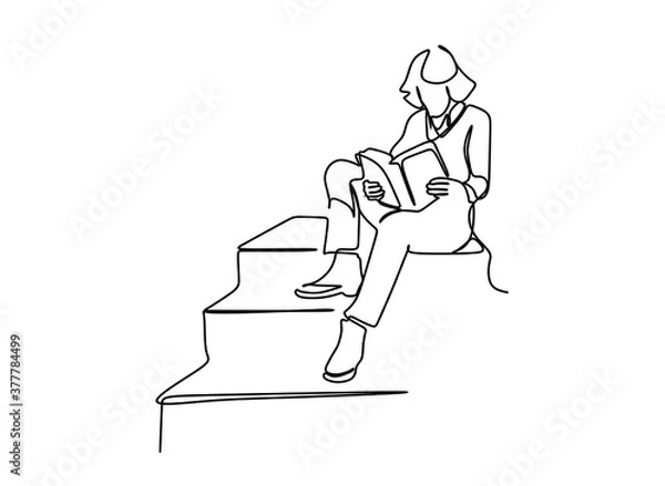 Fototapeta Continuous one line drawing of a woman reading a book while sitting on the stairs. Vector illustration