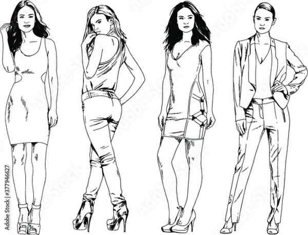 Fototapeta vector drawings on the theme of beautiful slim sporty girl in casual clothes in various poses painted ink hand sketch with no background