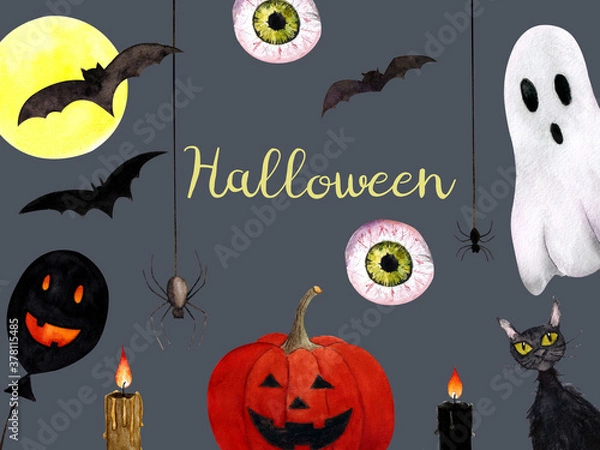 Fototapeta Halloween card on dark background. Happy Halloween. Watercolor illustration