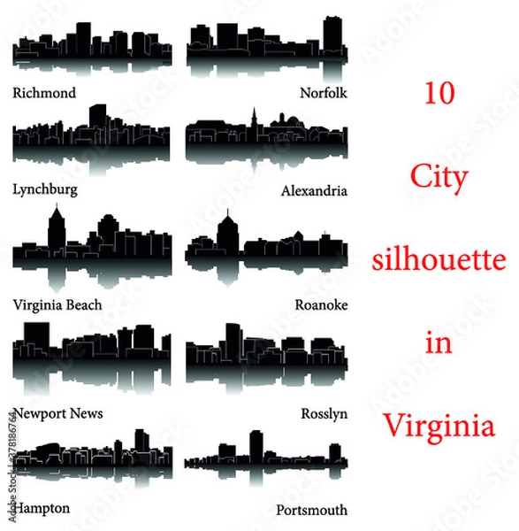 Obraz Set of 10 City Silhouette in Virginia ( Richmond, Norfolk, Roanoke, Rosslyn, Newport News, Alexandria, Portsmouth, Virginia Beach, Hampton, Lynchburg )