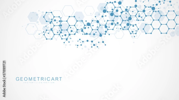 Fototapeta Science network pattern, connecting lines and dots. Technology hexagons structure or molecular connect elements.