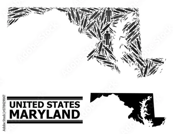 Obraz Covid-2019 Treatment mosaic and solid map of Maryland State. Vector map of Maryland State is constructed from syringes and people figures. Illustration for medical posters.