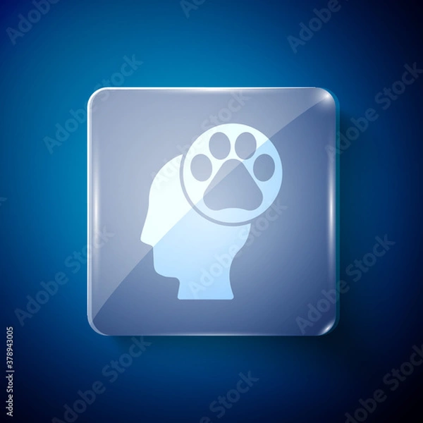 Fototapeta White Human head with animals footprint icon isolated on blue background. Pet paw in heart. Love to the animals. Square glass panels. Vector.