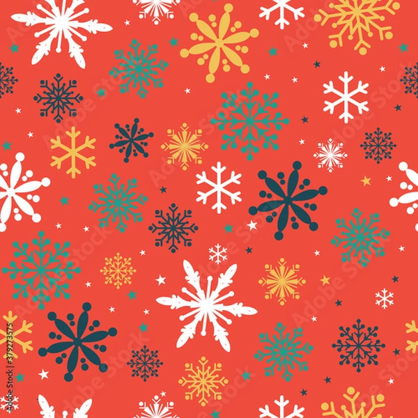 Fototapeta Seamless christmas background with bright color snowflakes, vector illustration