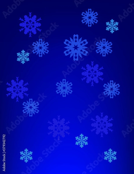 Fototapeta Snowflakes of different shapes and sizes on a blue background. Christmas background design.