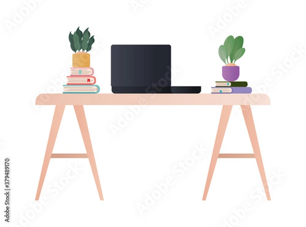 Fototapeta office desk with laptop and books vector design