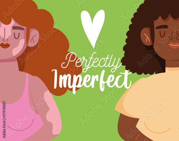 Fototapeta perfectly imperfect, cartoon women with vitiligo and freckles characters