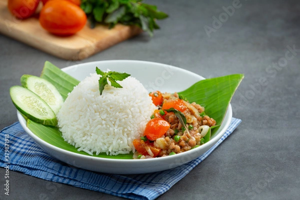 Fototapeta Rice with Basil and Minced Pork.