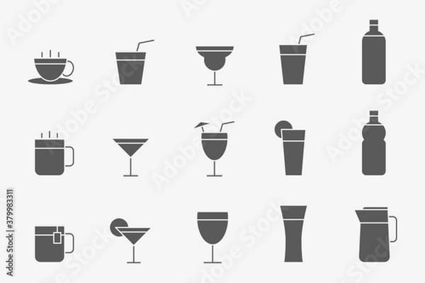 Fototapeta Soft drink Icons set - Vector silhouettes of water, soda, juice, cocktail, cup, can, mug, coffee, tea for the site or interface