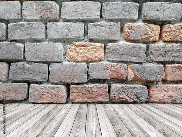 Fototapeta Room interior with rough brick wall and wood floor background.